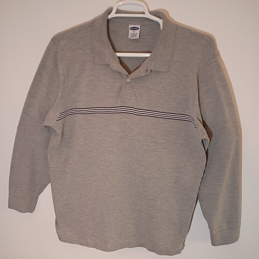 Shirt, Polo, Long Sleeve, Old Navy, Grey with Blue & White Stripes, XL